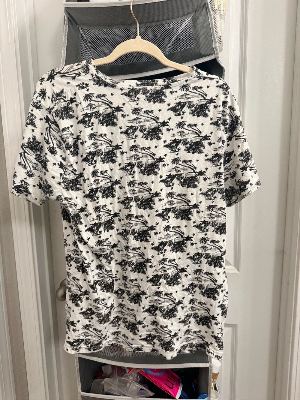 Men's White Short-Sleeve Crew Neck Tee with Black Tropical Print